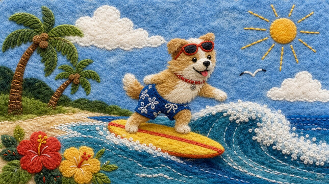 季節の風景。フェルトと刺繍で表現したサーフィンを楽しむ犬。太陽の光がふりそそぐ、ハイビスカスの花が鮮やかな夏休み。