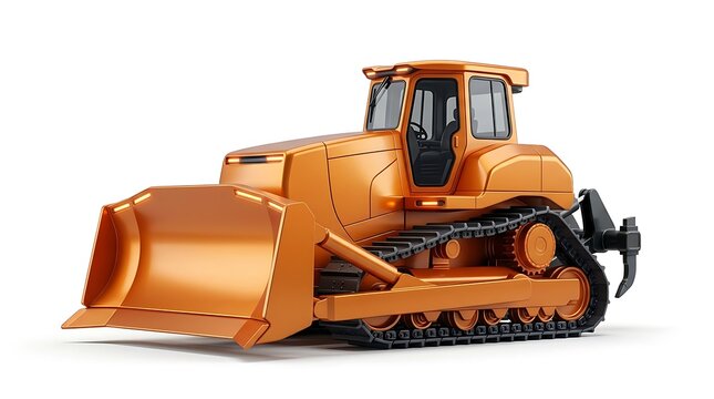 Modern orange industrial crawler bulldozer heavy construction equipment isolated against clean white background studio view with bulldozer black caterpillar