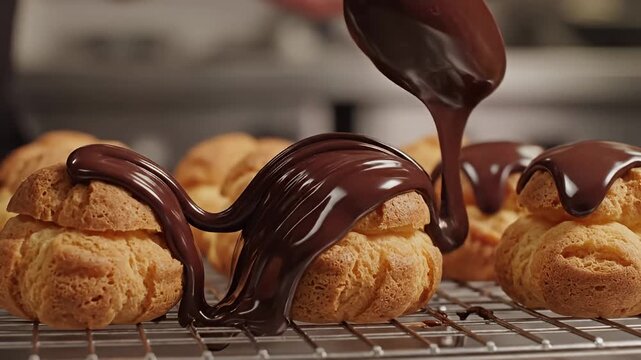 Dark chocolate ganache pouring over fresh baked cream puffs.