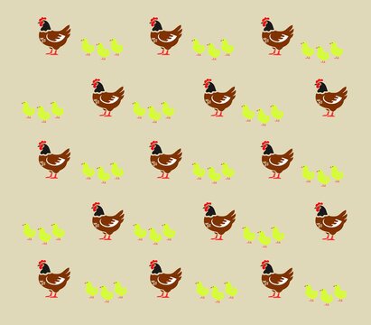 Seamless Pattern of Cute Brown Hens and Yellow Chicks on Beige Background