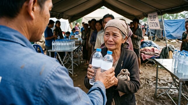 Distributing clean bottled drinking water to disaster survivors at humanitarian relief station preventing cholera outbreak
