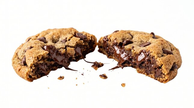 A delectable gourmet chocolate chip cookie broken into two pieces featuring a rich gooey molten center with semi-sweet dark chocolate chunks
