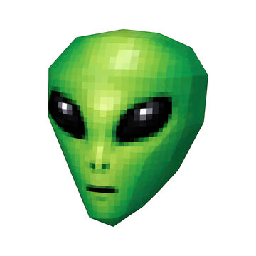 Pixelated green alien head PNG with a transparent background.