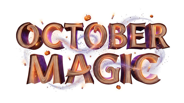 October magic typography with glowing letters and scattered pumpkin elements against a white background lettering