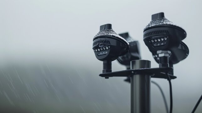 Closeup image of spinning weather station anemometer with gray sky background captured with Canon EOS R5