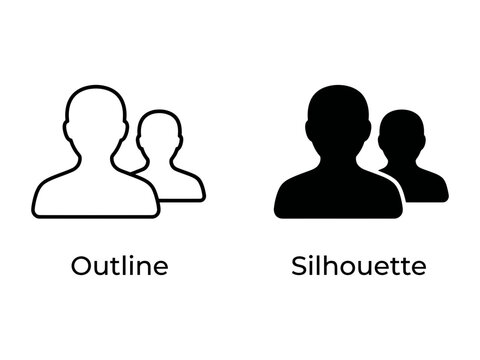 User Icon Outline and Silhouette: A set of user icons displaying both an outline and a silhouette representation of people, symbolizing representation and grouping.