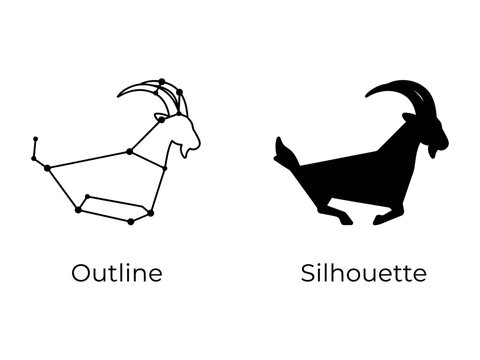 Goat Constellation and Silhouette: Two representations of a goat, one an outline of its starry constellation, the other a bold black silhouette, showcasing its iconic horns and shape.