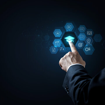 Professional hand touches a luminous education icon surrounded by a cluster of interconnected modules.