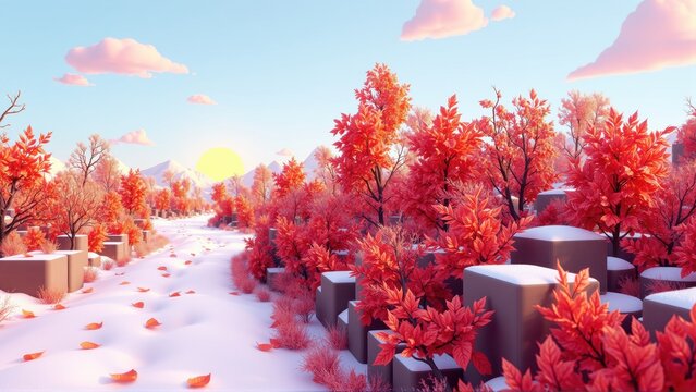 Low poly landscape. Red trees cover snowy ground. Soft pink clouds fill blue sky. Distant mountains visible under setting sun. Peaceful scene.