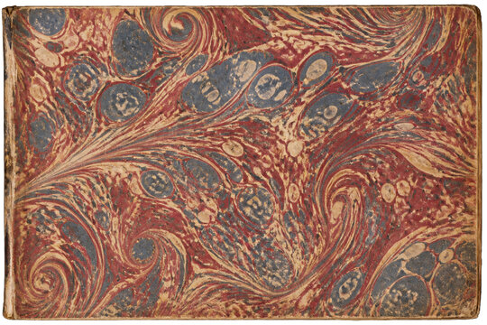 Antique marbled endpaper with swirling red, blue, and cream patterns, worn book edges, and decorative vintage texture.