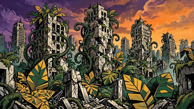 Forgotten Cityscape Retaken by Nature with Overgrown Ruins, Dense Vegetation on Abandoned Skyscrapers, Ancient Vines, and Post Apocalyptic Urban Forest