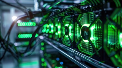 Fototapeta premium Blockchain server with transparent casing and green LEDs on Canon