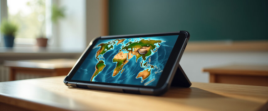 Digital tablet displaying world map on wooden table in classroom  