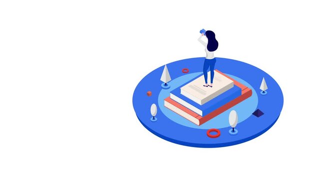 Isometric 3D vector illustration of a woman standing on stacked books looking through binoculars. Concept of education, business vision, strategy, learning, research, and future goals.