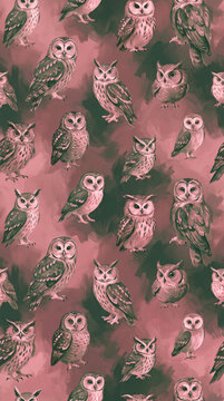 Seamless pattern featuring hand-drawn style owls scattered across a textured dusty rose and dark green background for textile and wallpaper design