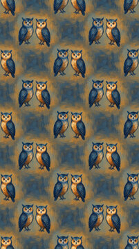 Seamless pattern featuring pairs of wise owls illustrated in a charming artistic style against a textured vintage background in warm hues