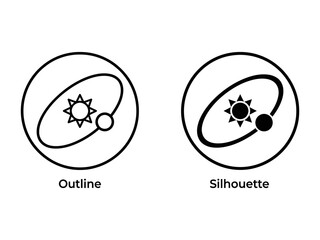 Cosmic Iconography: Two circular icons depict celestial bodies in orbit. One is a clean outline showing a star and a planet, the other is a solid silhouette of the same arrangement. © Hasina