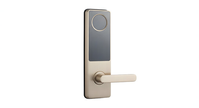 Modern smart door lock with champagne gold finish and electronic key card reader isolated on white background, professional 3D rendering of digital hotel security lock.