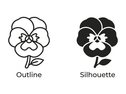 Pansy Flower Icon: A side-by-side comparison of a pansy flower, showcasing its delicate petal structure in both an outline drawing and a solid silhouette.
