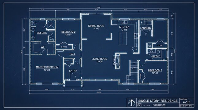 Detailed architectural blueprint of a modern residential house design for professional construction planning and engineering project development purposes