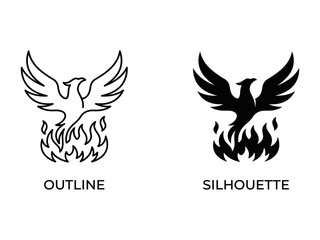 Fototapeta premium Phoenix Symbolism: Iconic phoenix bird rendered in both outline and silhouette forms, rising triumphantly from a stylized flame. Symbolizing rebirth, resilience, and new beginnings.