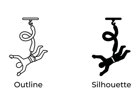 Bungee Jumping Icons: Outline and silhouette graphics depict a person in mid-air, suspended by a bungee cord, illustrating the thrill of extreme sports.