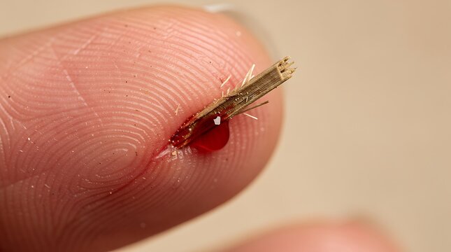Close-up of a wooden splinter deeply embedded in a human finger, causing a small drop of blood to emerge from the wound.