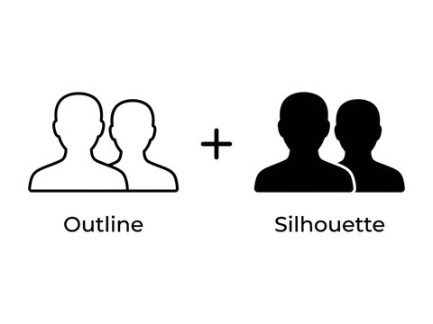 People Icon Comparison: A clear visual representation contrasting an outline silhouette icon of two people with a solid black silhouette icon of two people, illustrating design variations.