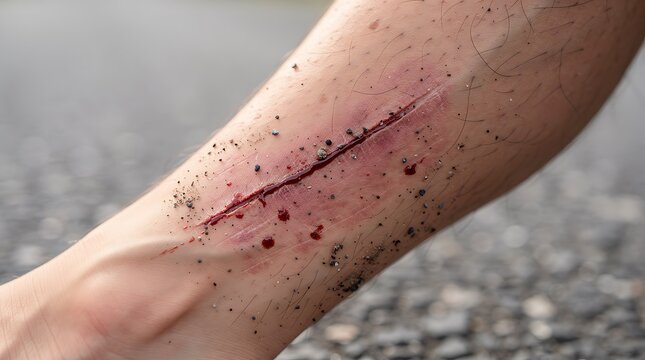 A close-up shot of a painful, deep, and bleeding laceration on a person's lower leg, covered with dirt and grit, indicating a recent injury.