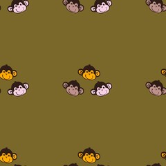 Seamless pattern of cute monkey faces on olive brown background for kids fashion fabric print, jungle animal apparel, baby wallpaper, wrapping paper.sign. © Ketsara
