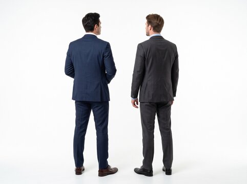 Two people in suits standing and looking at something seen from back angle, isolated on white background	