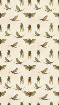 Vintage entomology pattern featuring various insects such as cicadas, grasshoppers, and beetles drawn in a classic scientific illustration style