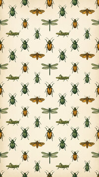 Vintage entomology pattern background featuring hand drawn botanical illustrations of various insect species including beetles, moths, and dragonflies