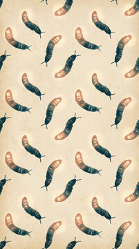 A seamless decorative repeating pattern featuring illustrated small crawling worm creatures with soft orange accents on a textured vintage background