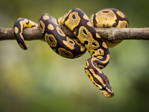 Ball Python snake coiled on a tree branch, exotic reptile with yellow and black patterns.