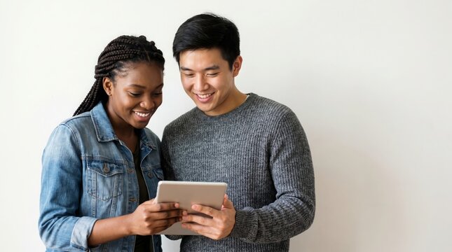 Engaged young diverse couple happily reviewing content on a tablet, symbolizing shared digital experience and modern connection