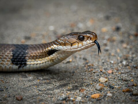 Close-up of venomous viper snake flicking tongue on rocky ground in natural habitat
