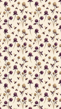 Seamless floral pattern design featuring delicate vintage style clover blossoms and small flying bees scattered on a light cream background texture