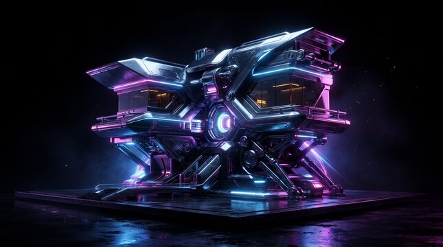Futuristic cyberpunk sci-fi building with neon lights, suitable for game concept art, tech banners, 3D assets, and web backgrounds.