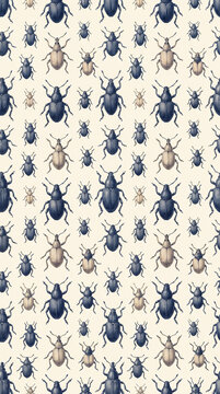 Vintage seamless pattern with various types of hand-drawn beetles and bugs in soft blue and beige tones, creating a classic scientific illustration look