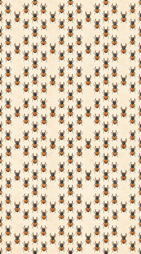 Seamless background pattern featuring small vintage style beetle illustrations repeated in neat rows on a textured light beige paper backdrop