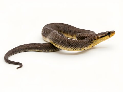 Brown snake isolated on white background, studio shot of a slithering reptile