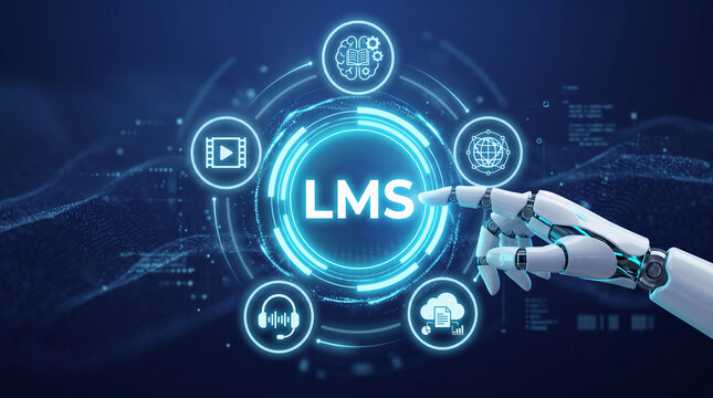 Robot hand interacts with digital interface showing LMS icons for learning, media, global connection, and data, symbolizing digital education and management.