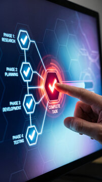Digital representation of project phases from research to testing, a touchscreen interaction symbolizing task completion, suitable for business and technology.
