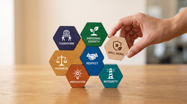 Wooden hexagonal blocks with icons and text, representing values like teamwork, fairness, and integrity, symbolizing business concept, strategy or ethics, with free space for text.