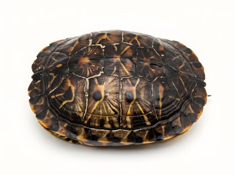 Isolated turtle shell with detailed brown and yellow patterns on white background.