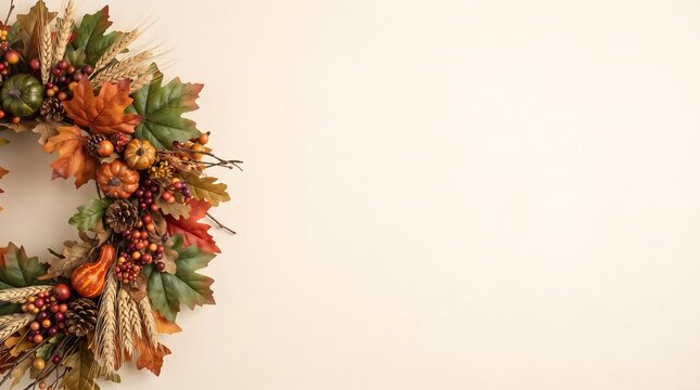 Autumnal Thanksgiving Wreath with Pumpkins and Fall Leaves on Beige Background Thanksgiving