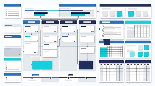 Modern project management dashboard, professional workflow flowchart with Gantt chart, blue business data visualization interface