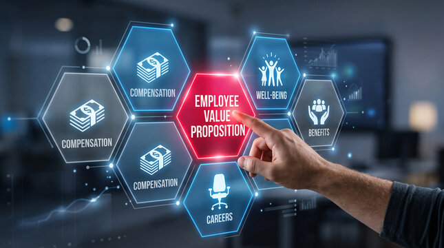 Digital display showing employee value proposition with icons for compensation, well-being, benefits, and careers, showcasing business strategy