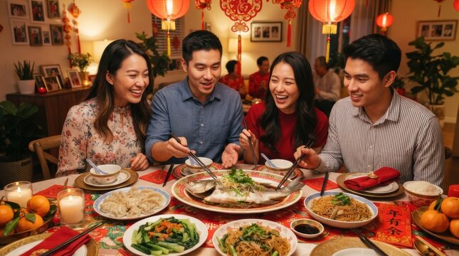 Asian family celebrating Lunar New Year with a traditional reunion dinner feast